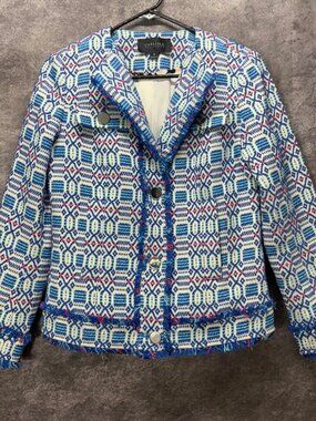 NWT CARLISLE COLLECTION  Geometric Tweed Fringe Jacket Women's Size 2 Aztec Blue
